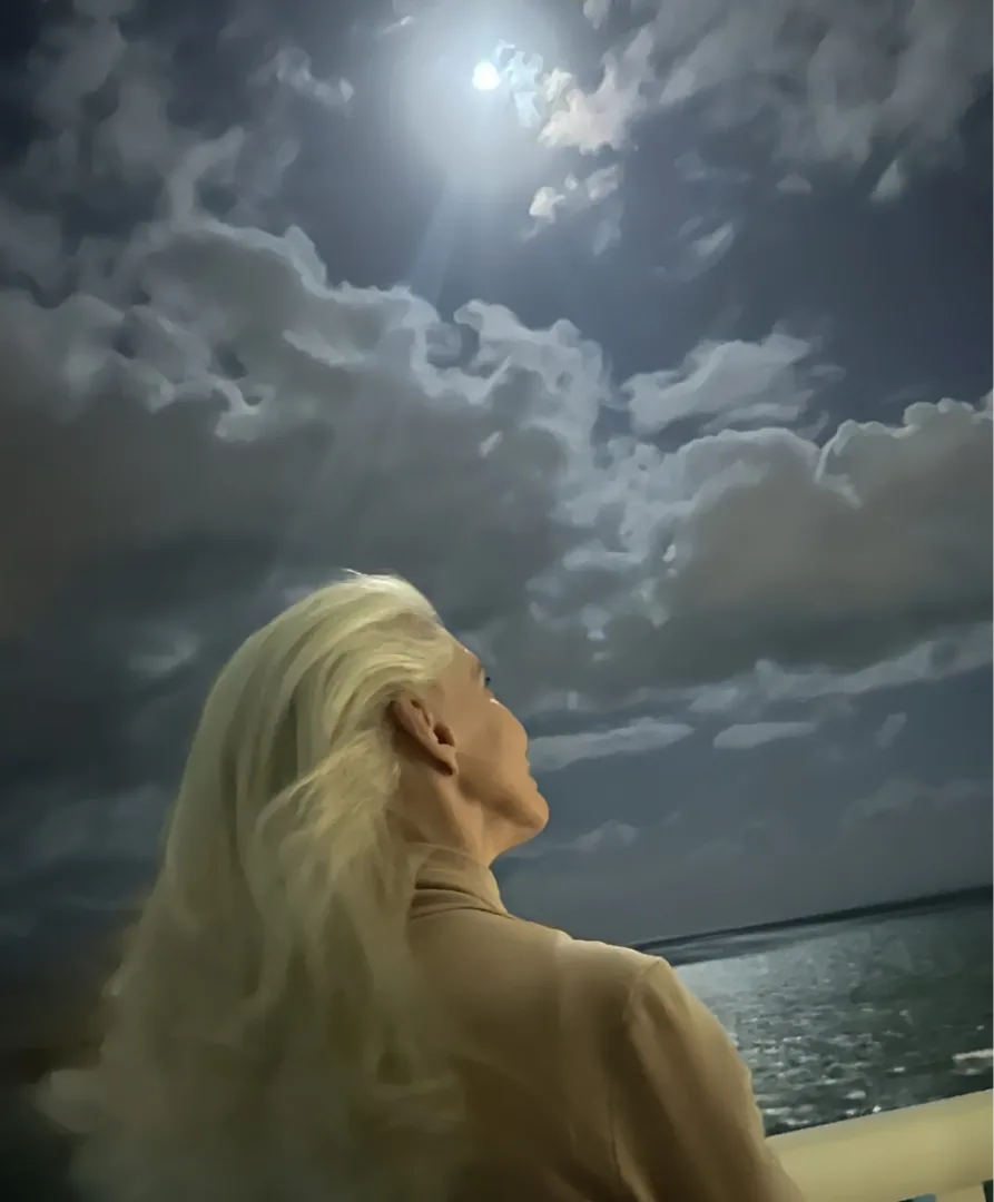 Ruth from behind, her long silver hair loose, looking out at a moonlit sea